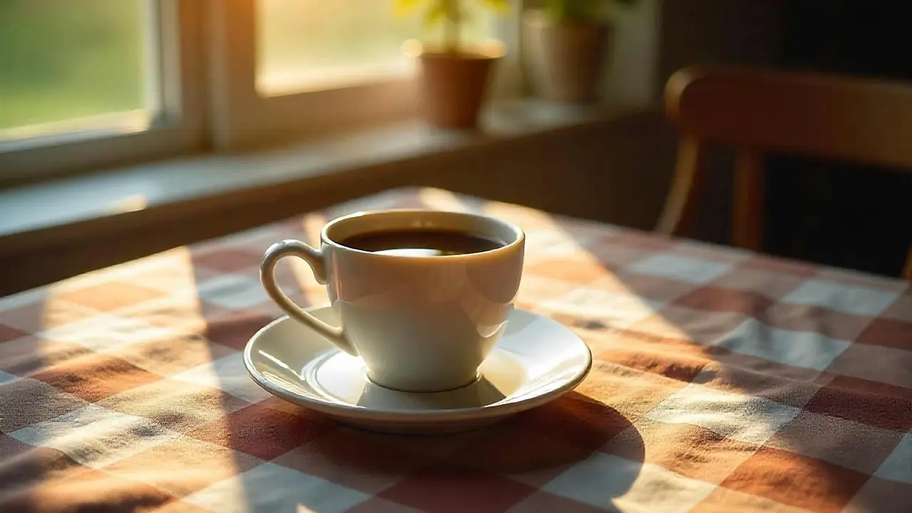 Eine Tasse Kaffee auf einem Tisch
