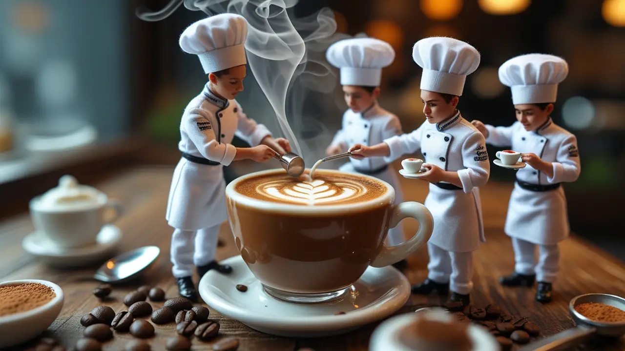 Miniaturmenschen bereiten einen Cappuccino zu.
