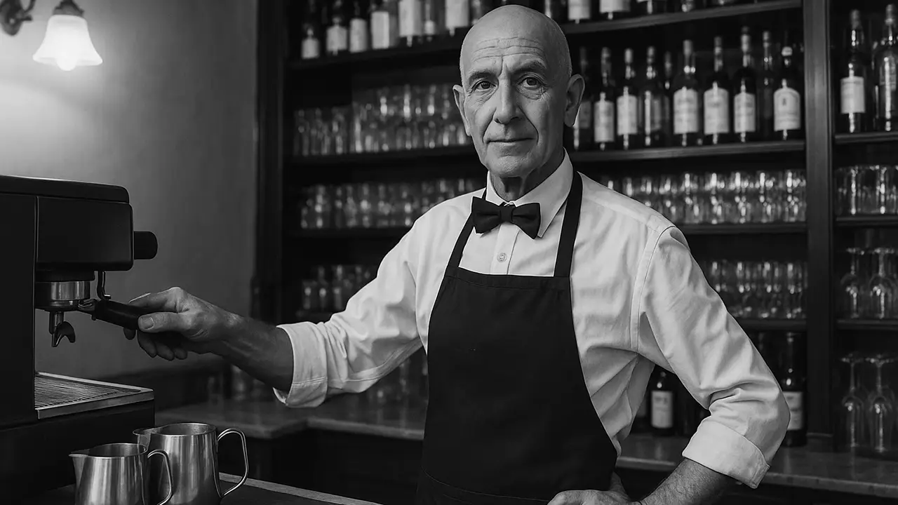 Schwarz-weiß-Fotografie eines älteren Baristas in klassischer Kleidung mit weißem Hemd, Fliege und Schürze. Er steht an einer Espressomaschine in einem traditionellen Café mit dunklen Holzregalen voller Flaschen und Gläser.