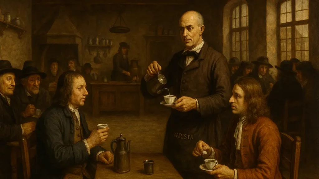 Historisierende Gemäldeszene eines Kaffeehauses im 17. Jahrhundert mit Männern in zeittypischer Kleidung. Im Zentrum schenkt ein älterer Mann Kaffee in eine Tasse ein, während andere Gäste an Holztischen sitzen und diskutieren. Warme Lichtstimmung, hölzerne Einrichtung und große Fenster schaffen ein authentisches, lebendiges Ambiente.